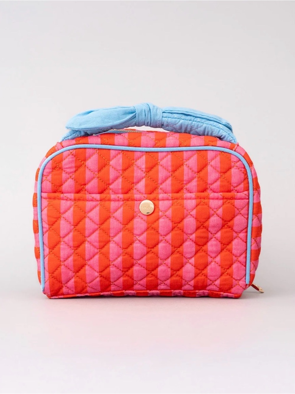 NWT ban.do Quilted Toiletry Bag - Stripes Red & Pink with Blue Ribbon Trim